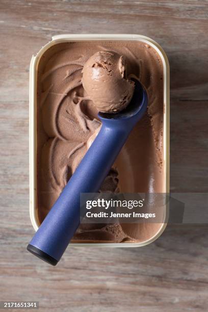 close up of chocolate ice cream and scoop. - chocolate ice cream stock pictures, royalty-free photos & images
