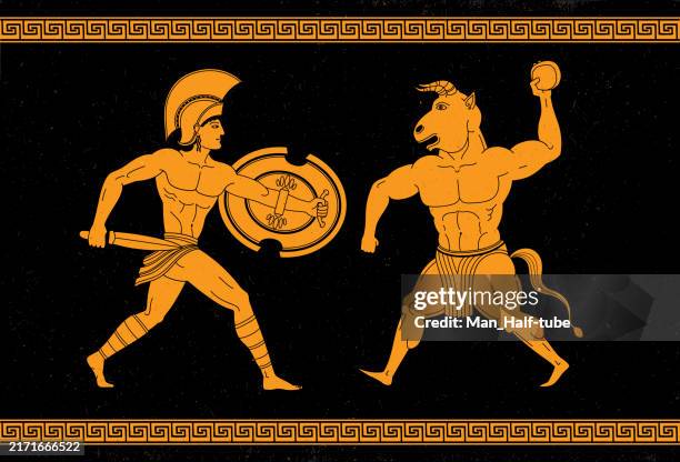 stockillustraties, clipart, cartoons en iconen met theseus and the minotaur - minotaurus