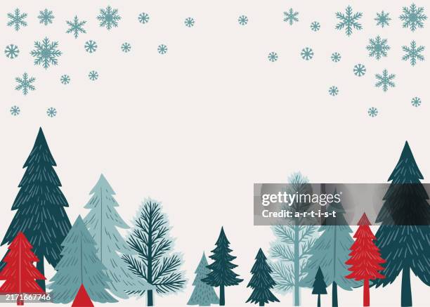print. winter landscape with pine trees. - snowflake shape stock illustrations