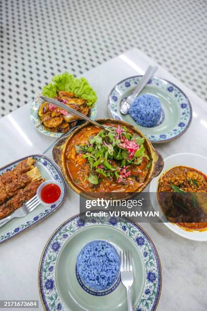 Variation Of Peranakan Cuisine Or Nyonya Cuisine Flatlay On Table High-Res Stock Photo
