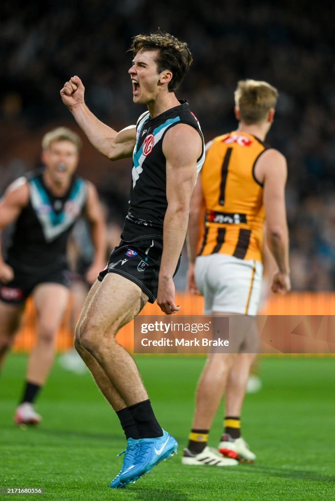 Connor Rozee Crows Connor Rozee of the Power celebrates a goal during the AFL Second ...