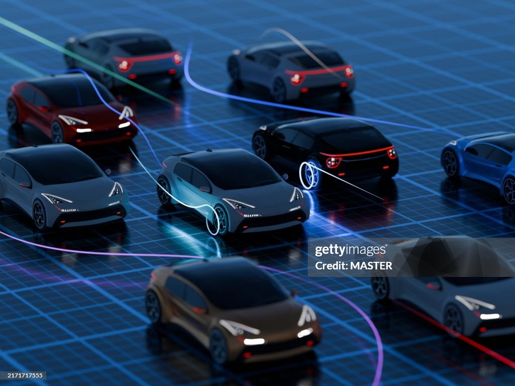 Concept futurisctic electric cars on ai sci-fi grid. Ai learning to drive, machine learning. Sci-fi city. Light beam showin movement