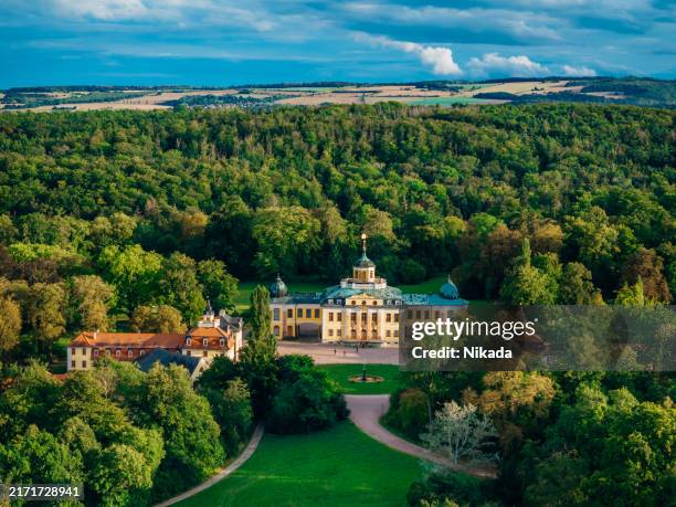 luftaufnahme des von üppigem wald umgebenen schlosses belvedere in weimar - belvedere (weimar) stock-fotos und bilder