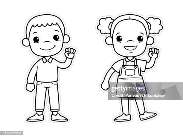 vektorillustration von junge und mädchen, die ihre hand heben cartoon-illustration. - ausmalen stock-grafiken, -clipart, -cartoons und -symbole