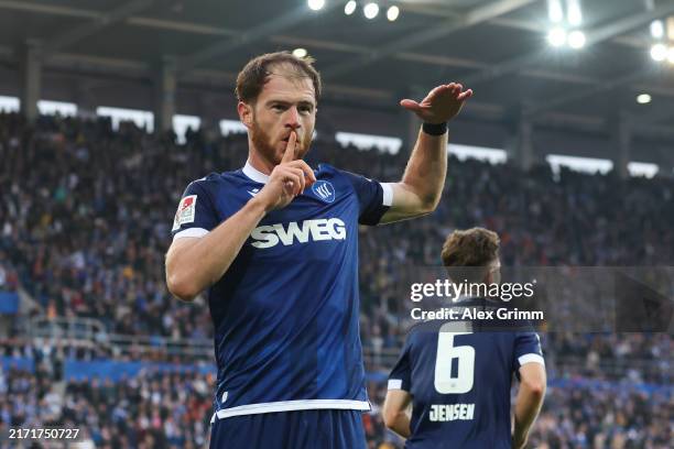 Budu Zivzivadze of Karlsruher SC celebrates after scoring the team's first goal during the Second Bundesliga match between Karlsruher SC and FC...