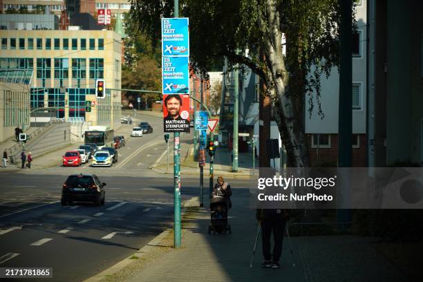 Election posters are seen in Frankfurt an der Oder on 17 September, 2024. The German state of Brandenburg will hold local elections on Sunday with...
