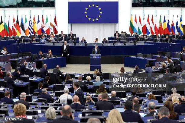 Former Italian Prime Minister and economist Mario Draghi delivers a speech as he presents his plan to strengthen Europe's competitiveness, at a...