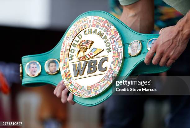 General view is seen of the WBC title belt of Canelo Alvarez during a ceremonial weigh-in in Toshiba Plaza at T-Mobile Arena on September 13, 2024 in...