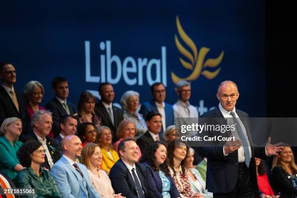 Liberal Democrat leader Ed Davey delivers his keynote speech on the fourth day of the Liberal Democrat autumn conference on September 17, 2024 in...