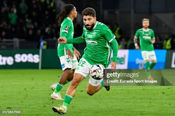 Zuriko Davitashvili of Saint-Étienne runs with the ball during the Ligue 1 match between AS Saint-Etienne and Lille OSC at Stade Geoffroy-Guichard on...