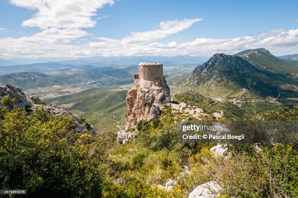 Queribus fortress above the plain, Aude, France
