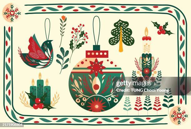 hand drawn scandinavian christmas elements vector file - christmas decore candle stock illustrations