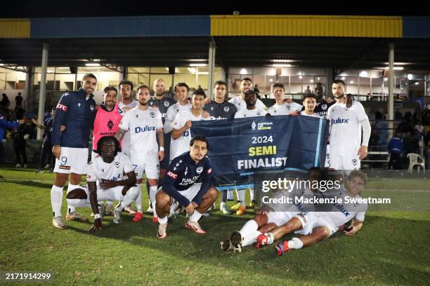 Melbourne Victory celebrate winning during the 2024 Australia Cup Quarter Final match between Moreton City Excelsior FC and Melbourne Victory FC at...