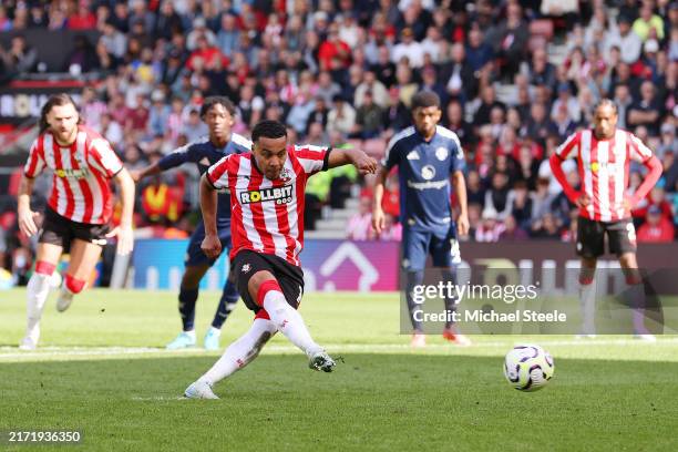 Cameron Archer of Southampton misses a penalty during the Premier League match between Southampton FC and Manchester United FC at St Mary's Stadium...