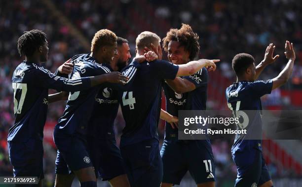 Matthijs de Ligt of Manchester United celebrates scoring his team's first goal with teammates during the Premier League match between Southampton FC...