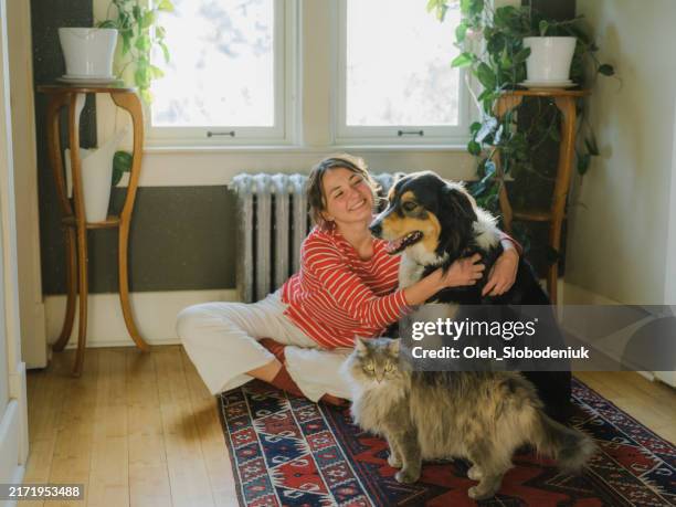 woman playing with dog and cat at home - hund bildbanksfoton och bilder