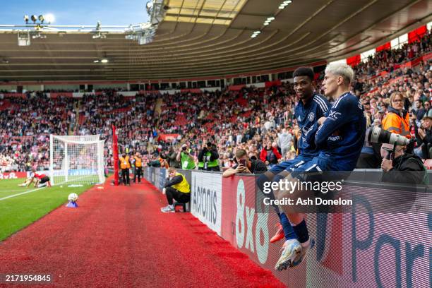 Alejandro Garnacho of Manchester United celebrates scoring his teams third goal with team mate Amad Diallo of Manchester United during the Premier...