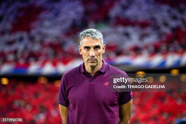 Fortaleza's Argentine coach Juan Pablo Vojvoda looks on during the Copa Sudamericana quarter-final first leg all-Brazilian football match between...