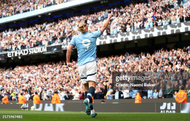 Erling Haaland of Manchester City celebrates scoring his team's second goal during the Premier League match between Manchester City FC and Brentford...