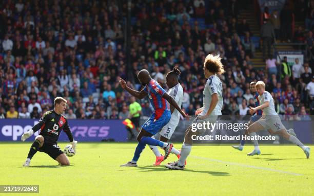 Jean-Phillippe Mateta of Crystal Palace scores his sides goal which is later ruled offside during the Premier League match between Crystal Palace FC...