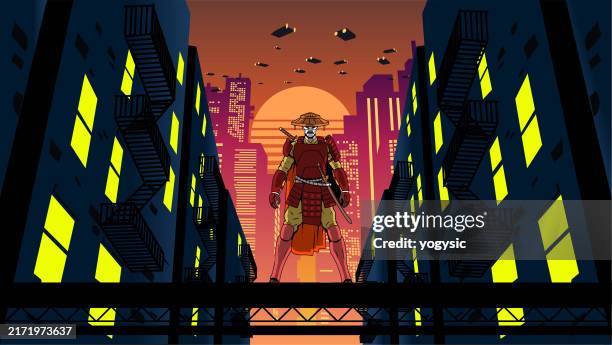 vektor cyberpunk samurai ronin krieger in einer futuristischen städtischen umgebung porträt stock illustration - dämon-fiktionale-figur stock-grafiken, -clipart, -cartoons und -symbole