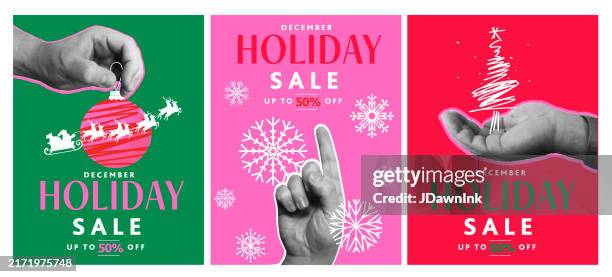 set of collage style holiday sale advertisement flyer design templates with hands interacting with festive elements on vibrant colors - sale stock illustrations