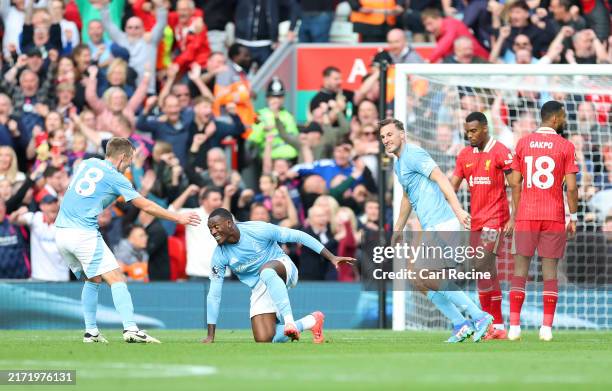 Callum Hudson-Odoi of Nottingham Forest celebrates scoring his team's first goal during the Premier League match between Liverpool FC and Nottingham...