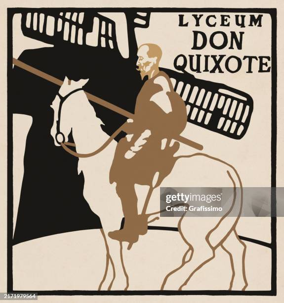 stockillustraties, clipart, cartoons en iconen met the ingenious gentleman don quixote of la mancha drawing art nouveau 1898 - castilië-la-mancha