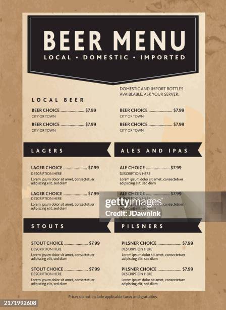 bildbanksillustrationer, clip art samt tecknat material och ikoner med brewery bar restaurant beer menu design template with background of old paper textures - meny
