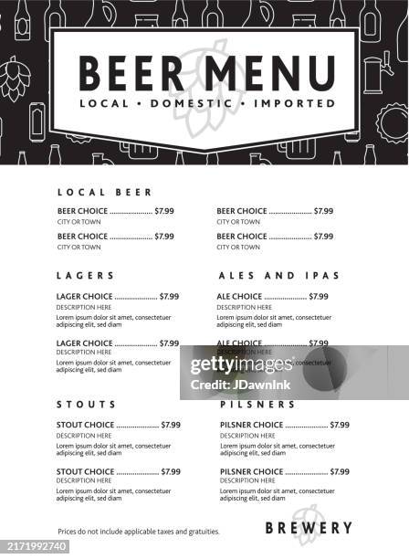 brewery bar restaurant beer menu design template with beer themed seamless pattern - menu mockup stock illustrations