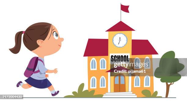 running school girl. school building. back to school - schoolhouse stock illustrations