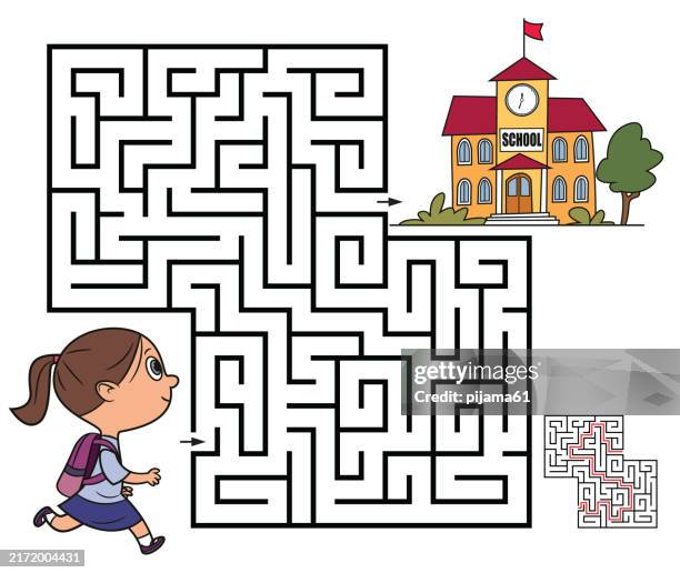 ilustrações de stock, clip art, desenhos animados e ícones de maze vector drawing for kids. running school girl - labirinto