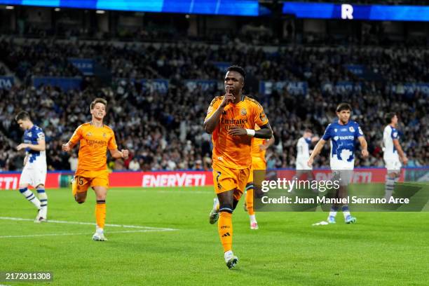 Vinicius Junior of Real Madrid celebrates scoring his team's first goal during the LaLiga match between Real Sociedad and Real Madrid CF at Reale...