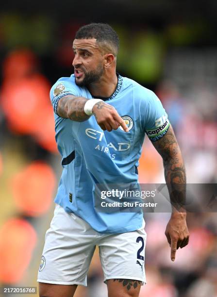 Kyle Walker of Manchester City reacts during the Premier League match between Manchester City FC and Brentford FC at Etihad Stadium on September 14,...