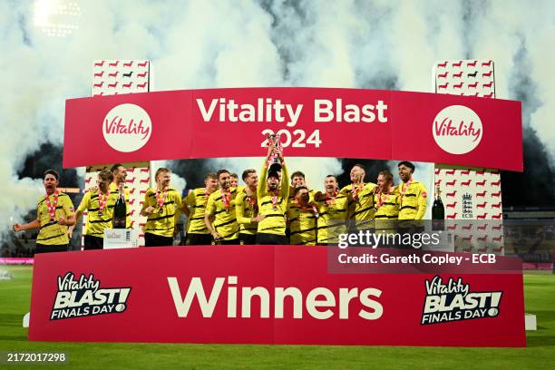 Gloucestershire captain Jack Taylor lifts the trophy after winning the T20 Vitality Blast Final between Somerset and Gloucestershire at Edgbaston on...