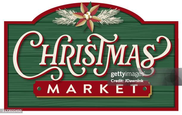 hölzernes weihnachtsmarkt-textschild grünes und rotes schild auf weißem hintergrund - weihnachtsmarkt stock-grafiken, -clipart, -cartoons und -symbole