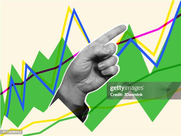 ilustraciones, imágenes clip art, dibujos animados e iconos de stock de estilo de collage de ganancias o crecimiento, finanzas y ventas comerciales que aumentan el concepto de gráfico de líneas con gesto de mano humana que señala - montaje imagen compuesta