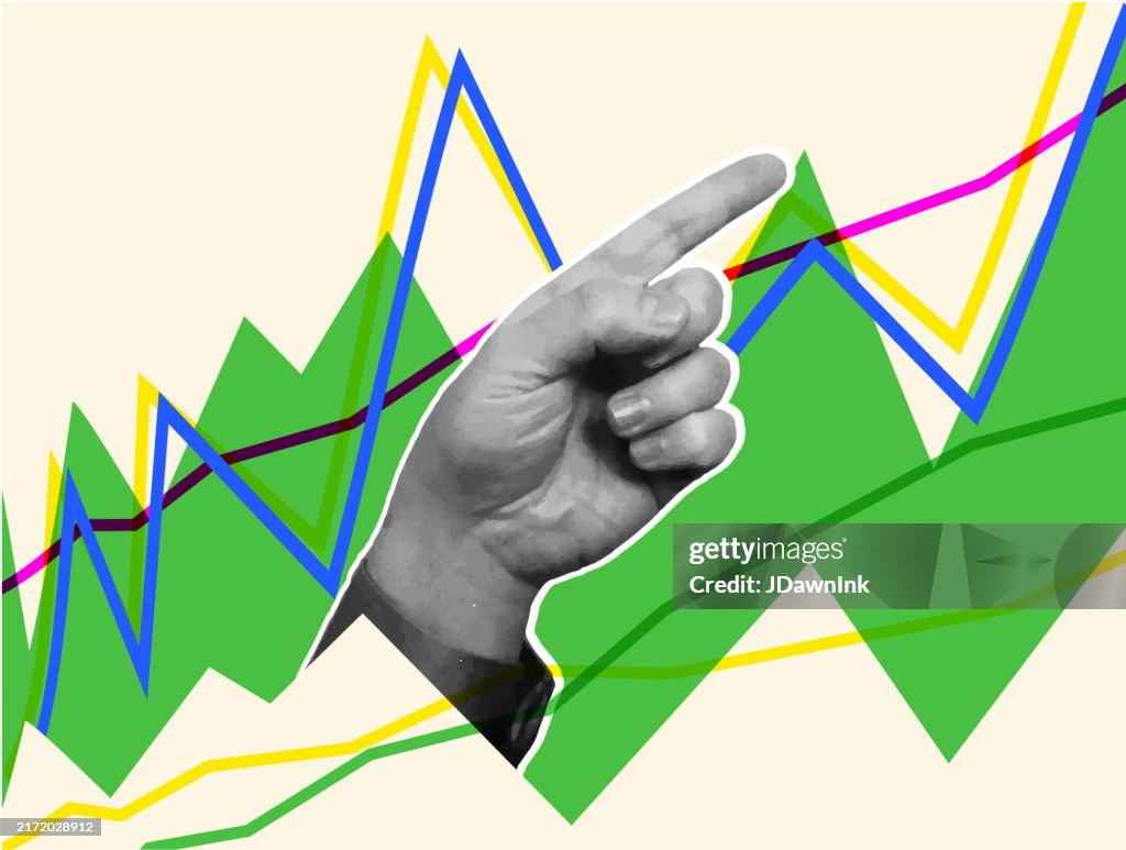 Collage style profit or growth finance and business sales increasing line chart concept with pointing human hand gesture