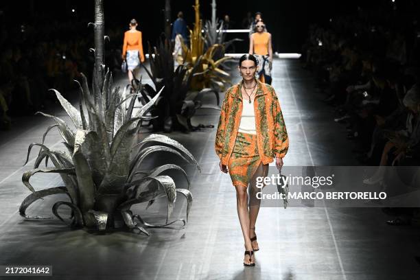 Model walks the runway during the Etro collection show at Milan's Fashion Week Womenswear Spring / Summer 2025, on September 18, 2024 in Milan.