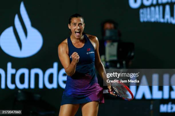 Caroline Garcia of France celebrates against Magdalena Frech of Poland during the WTA 500 Guadalajara Open Akron Women's singles semifinal match as...