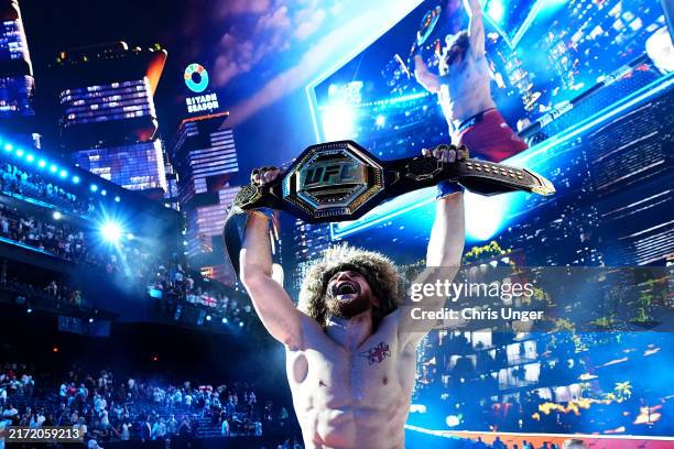 Merab Dvalishvili of Georgia reacts after his victory against Sean O'Malley in the UFC bantamweight championship fight during the UFC 306 at Riyadh...
