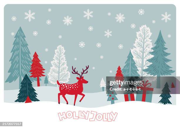 drucken. handgezeichnete winterlandschaft mit rehen. weihnachtskarte. handgezeichnete illustration mit kiefern, schnee und hirschen. im cartoon-stil. urlaubshintergrund mit stilisiertem hirsch. - schneesturm stock-grafiken, -clipart, -cartoons und -symbole