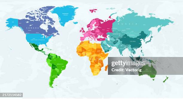 illustrations, cliparts, dessins animés et icônes de carte du monde très détaillée avec continents codés par couleur pour une identification facile - carte du monde