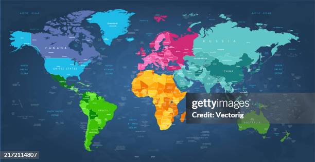 86 The 7 Continents Map Stock Photos - Highly Detailed World Map With Color Coded Continents For Easy Identification 