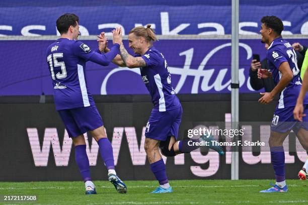 Marvin Stefaniak and Marcel Baer of Aue celebrate during the 3. Liga match between FC Erzgebirge Aue and DSC Arminia Bielefeld at Erzgebirgsstadion...