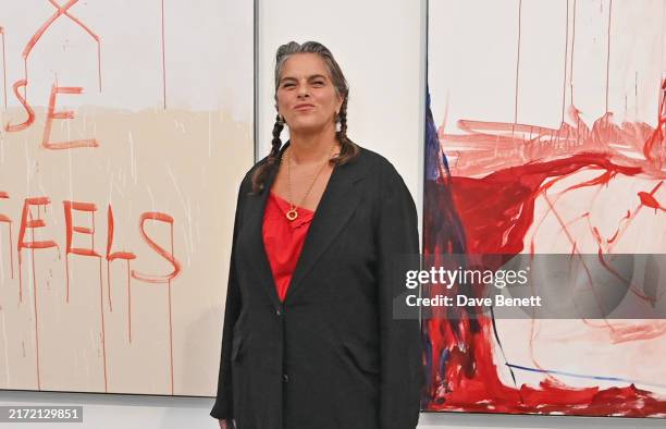 Tracey Emin attends a private view of 'I Followed You To The End' by Tracey Emin at White Cube Bermondsey on September 18, 2024 in London, England.