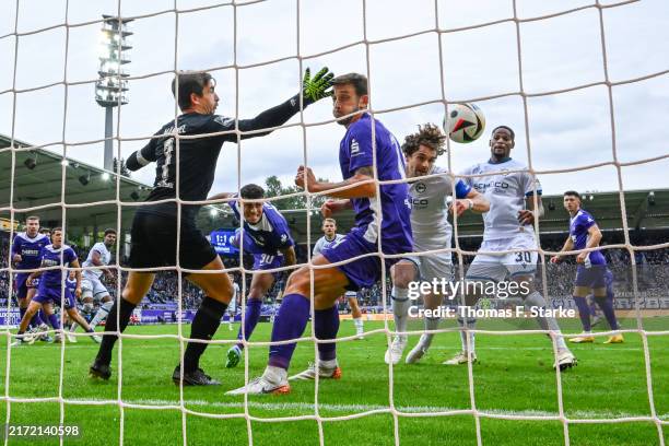 Mael Corboz of Bielefeld heads his teams second goal during the 3. Liga match between FC Erzgebirge Aue and DSC Arminia Bielefeld at...