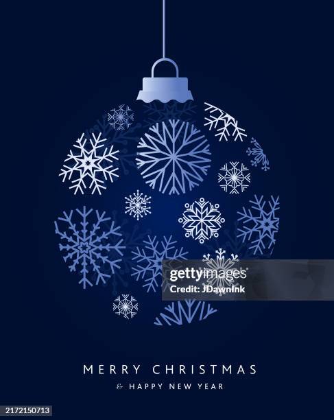 ilustraciones, imágenes clip art, dibujos animados e iconos de stock de feliz navidad y próspero año nuevo tarjeta de felicitación plantilla de diseño de forma de adorno de navidad en azul oscuro con copos de nieve abstractos - adorno de navidad