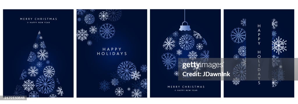 Set of Merry Christmas and Happy Holiday Greeting card design templates in dark blue with abstract snowflakes