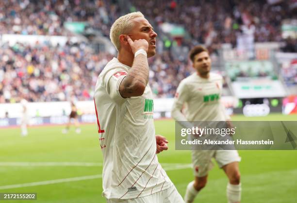Phillip Tietz of FC Augsburg celebrates scoring his team's second goal during the Bundesliga match between FC Augsburg and FC St. Pauli 1910 at...